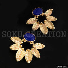 Gold Plated Small Leaves With Blue Gemstone Drop and Dangle Earrings SKU6773