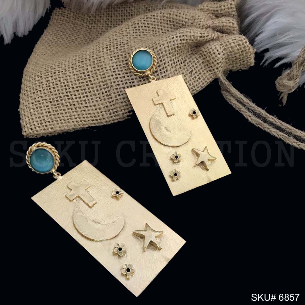 Gold plated Drop and Dangle Star Light Moon Blue Gemstone Unique Design Earring SKU6857