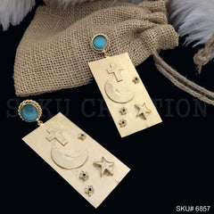 Gold plated Drop and Dangle Star Light Moon Blue Gemstone Unique Design Earring SKU6857