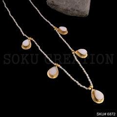Gold Plated Plain Pearl Beads with White Stone DropShape Charms Necklace SKU6872