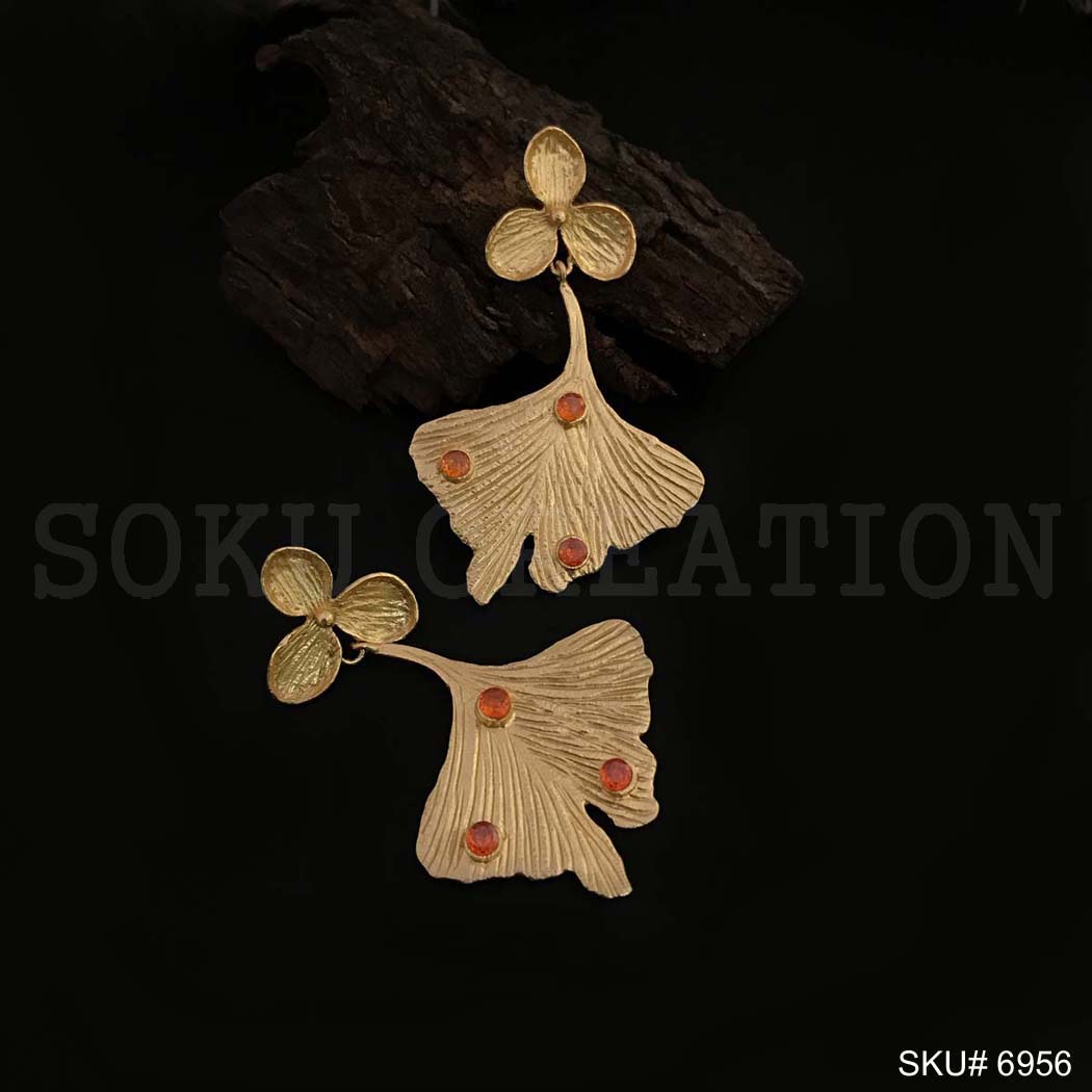 Gold plated Statement Red Stone Flower Style Drop and Dangle Earrings SKU6956