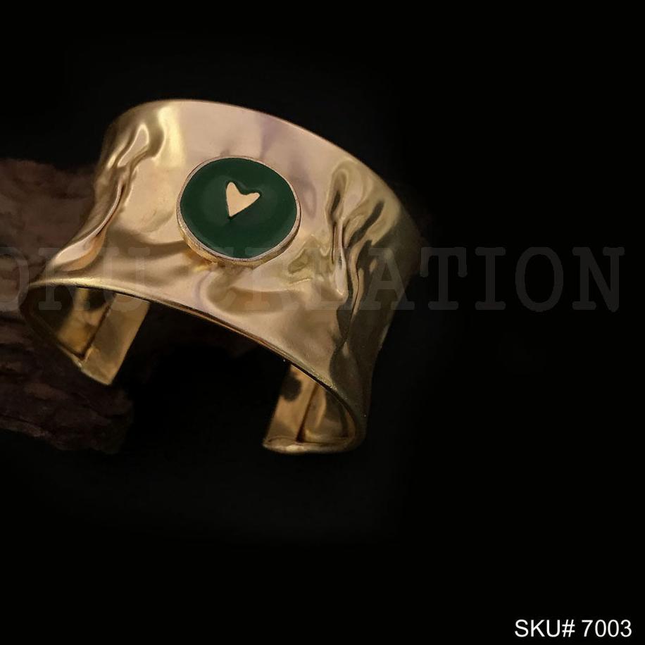 Gold Plated Hammered Design of Cuff With Green Heart sign  SKU7003