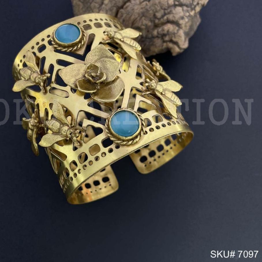Gold Plated Designer Big Cuff with Blue Stone and Dragonfly Flower SKU7097