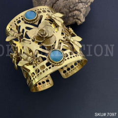Gold Plated Designer Big Cuff with Blue Stone and Dragonfly Flower SKU7097